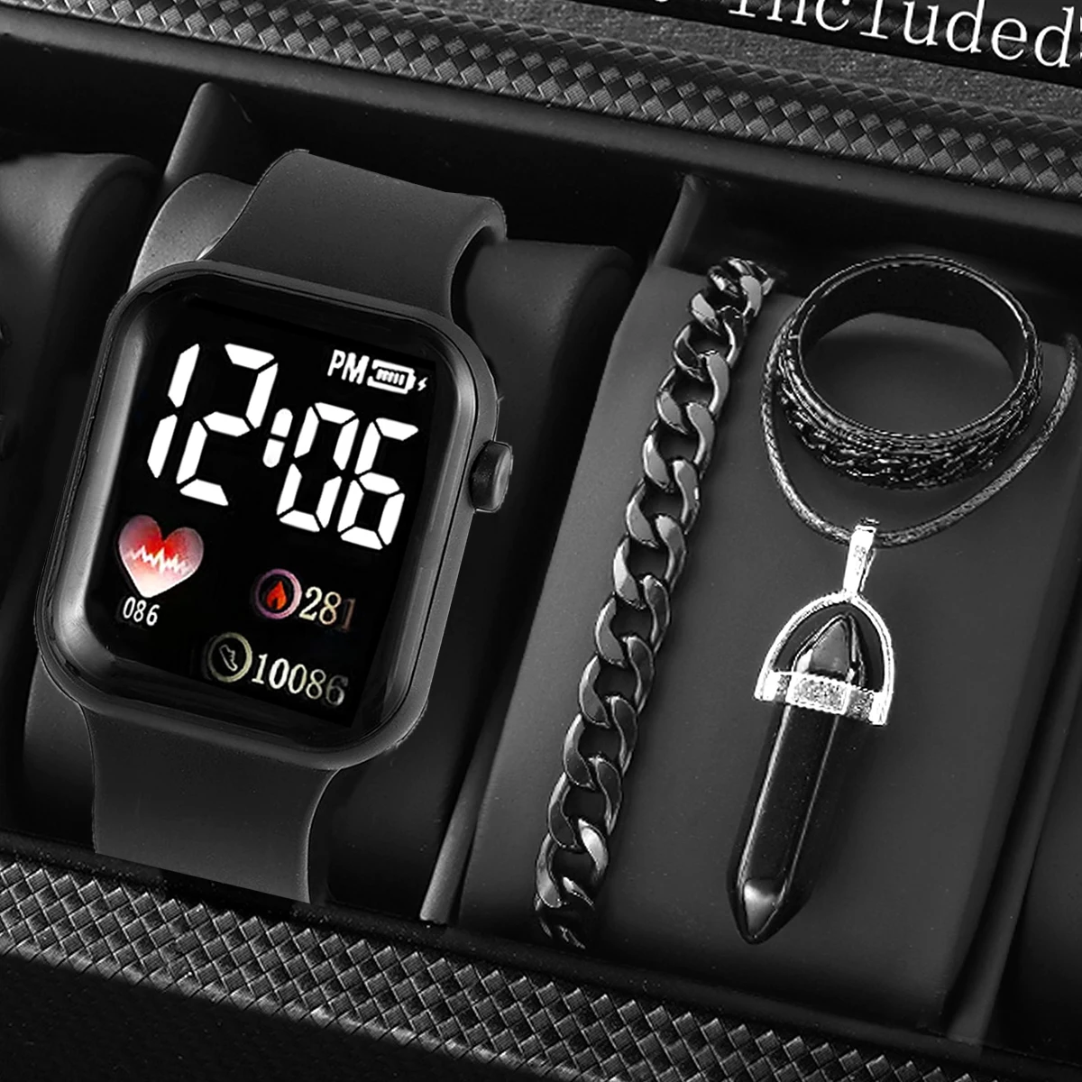 4-Piece Set, Boys' Casual Sports Led Electronic Watch with Bracelet, Bullet Pendant Necklace, and Ring Set, Versatile for Everyday Use, Stylish Square Dial, Digital Display.