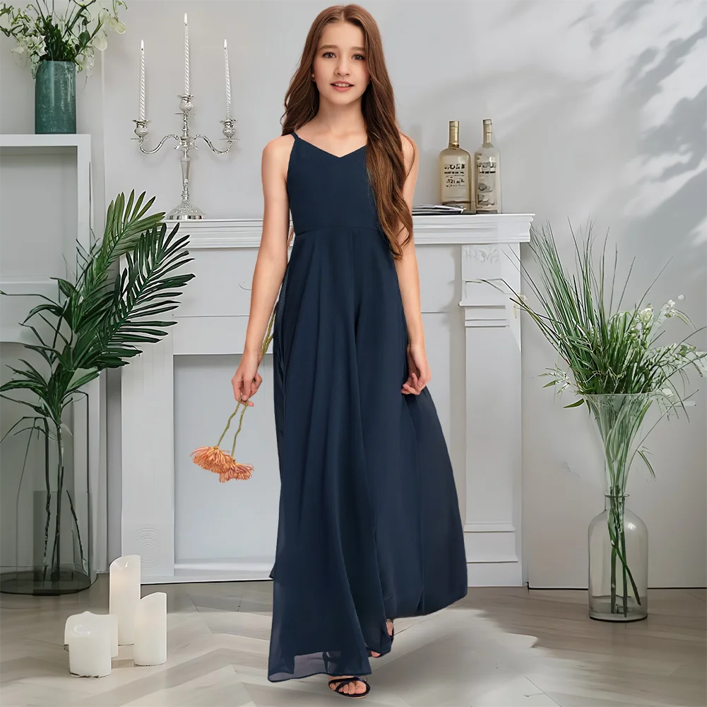 고급스러운 v 넥 주니어 신부 들러리 드레스 미드나잇 네이비 플라워 걸 드레스 캐스케이딩 보우 웨딩 파티가있는 바닥 길이 쉬폰
