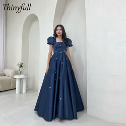 Thinyfull A-line Satin Prom Dresses Square Collar Short Sleeves Evening Party Gowns Crystal Long 2024 Formal Occasion Dress