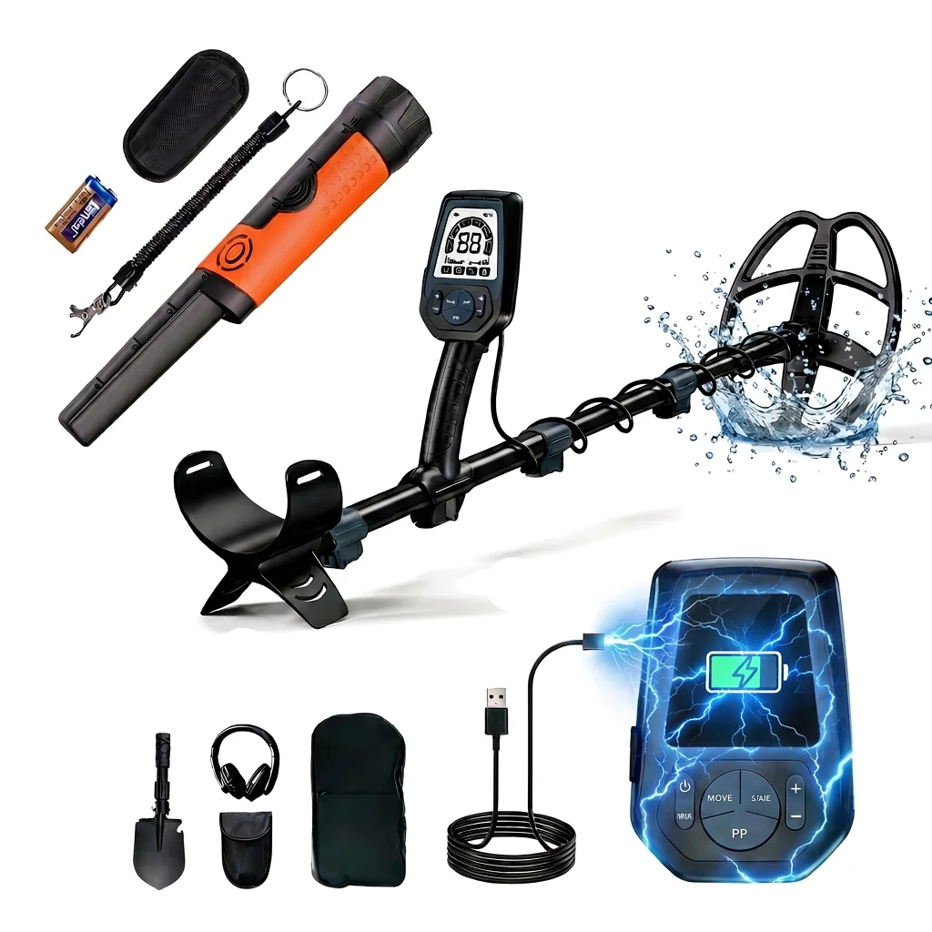 SUNPOW Professional Underground Metal Detector Kit with Pinpointer Rechargeable 6 Metal ID, IP68 Waterproof Coil, LCD Display 5 Search Modes Adjustable for Adults Treasure Hunting Beach River Outdoor Gold Relic Hunting
