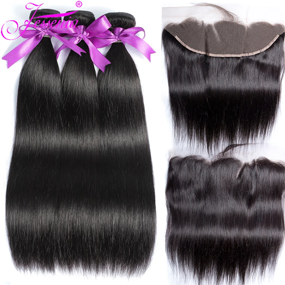 Bone Straight Brazilian Weave Extensions, Tecer Extensões, Transparente HD Lace Encerramento, 13x4 Frontal, 3/4 Pacotes