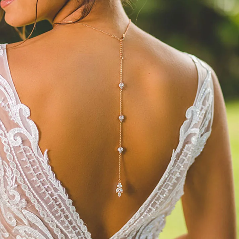 Luxury Flower Zircon Bridal Back Chain Necklace Long Drop Women Summer Full CZ Bride Lady Body Chain Wedding Jewelry Wholesale