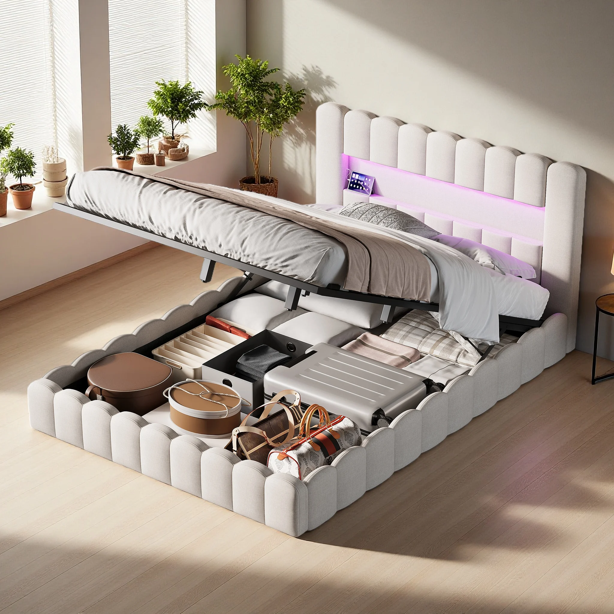 Letto imbottito Anajqaqia, 180x200 cm, con contenitore integrato, letto con sistema di stoccaggio a scomparsa, letto a bolle, letto matrimoniale, letto per ragazzi, struttura letto con doghe, tessuto