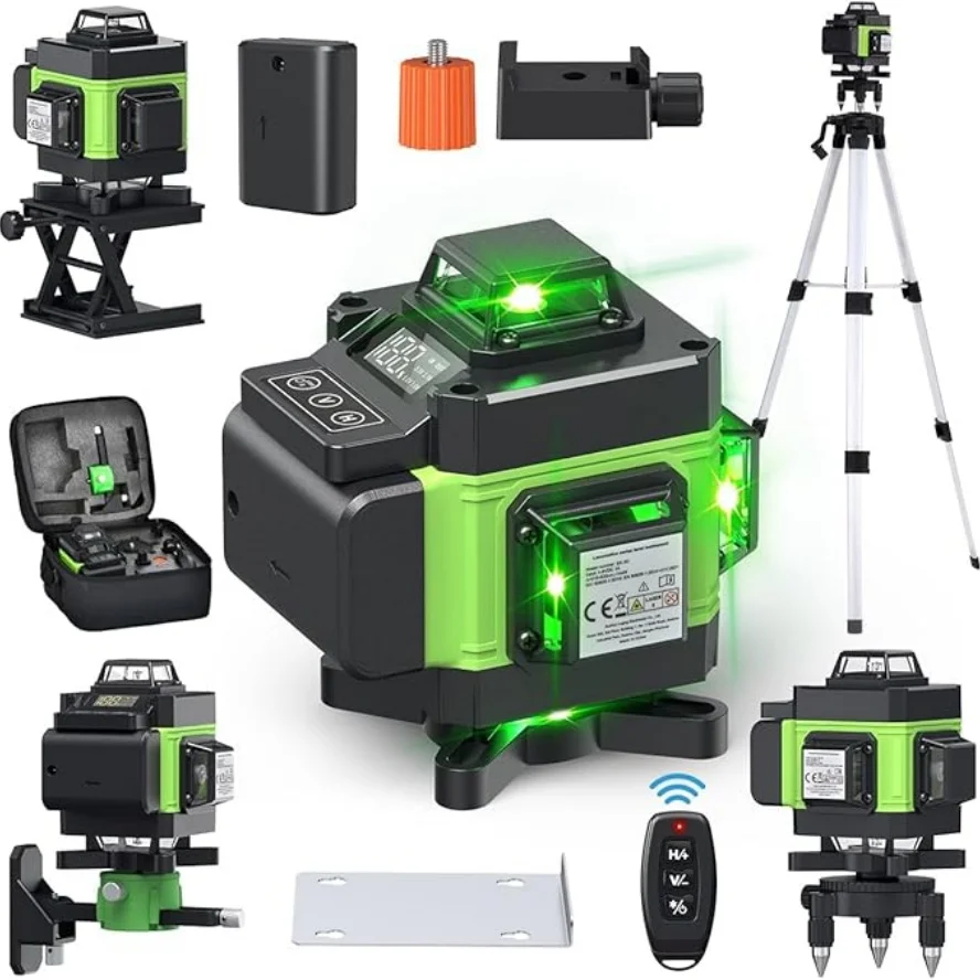 Niveau laser 4D 16/12 lignes, auto-nivelant, faisceau vert, 360° horizontal et vertical, super puissant