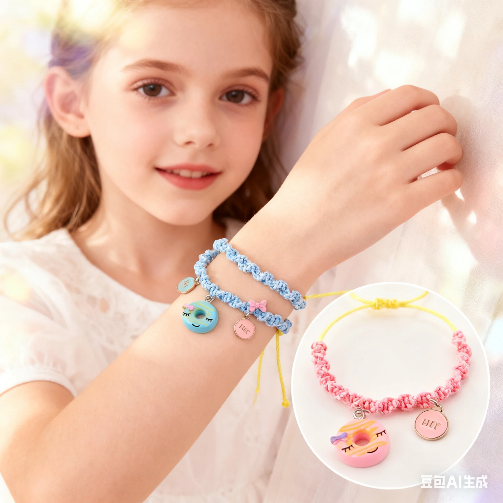 قطعتان من أساور الصداقة الساحرة على شكل دونات باللونين الأزرق والوردي - أساور حبل لطيفة مصنوعة يدويًا قابلة للتعديل للفتيات وأفضل الأصدقاء