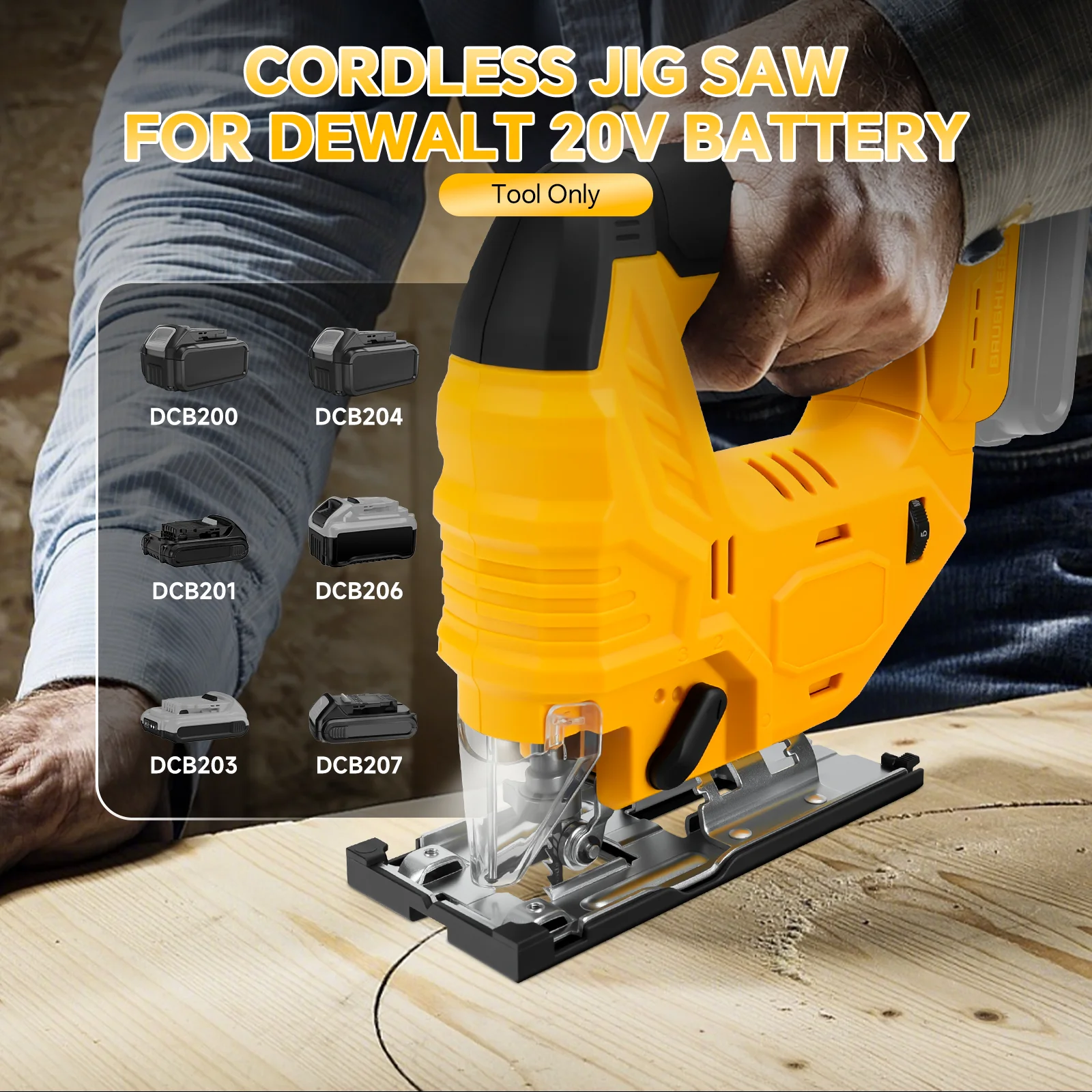 750W Brushless Jig Saw for Dewalt 20V Battery 2700RPM 7-Speed Cordless Jigsaw 4 Orbital Settings 0°- 45° Bevel Cuts (No Battery)