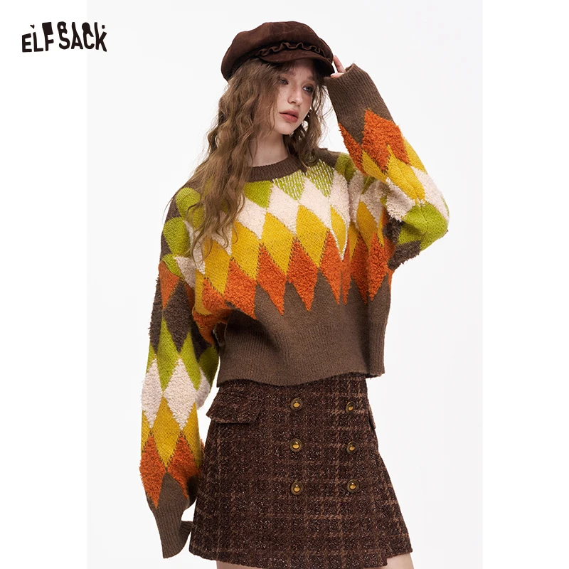 

ELFSACK Women's Dopamine Knit Sweater Round Neck Loose Fit Romantic Country Y2K Soft Aesthetic Long Sleeve Top