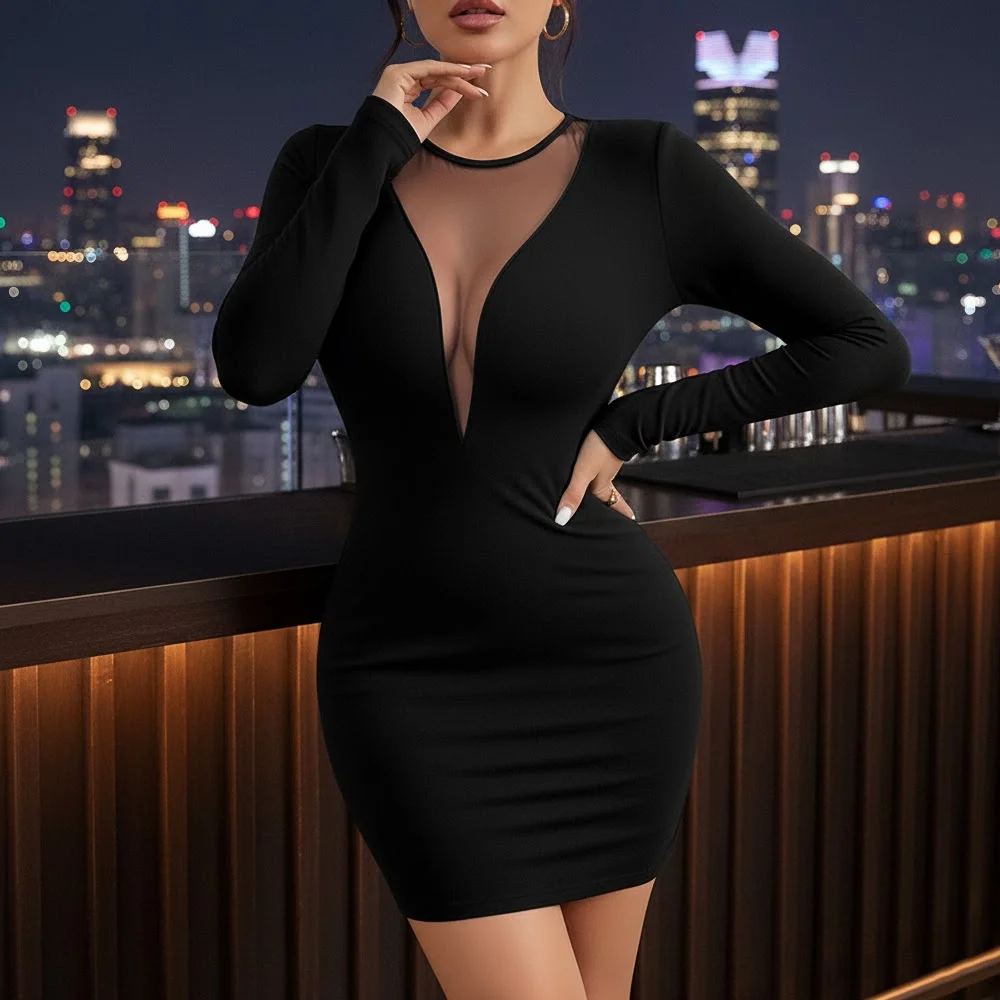 Vestidos bodycon femininos 2025 outono essencial liso manga comprida decote em v profundo inserção de malha transparente mini vestido slim fit