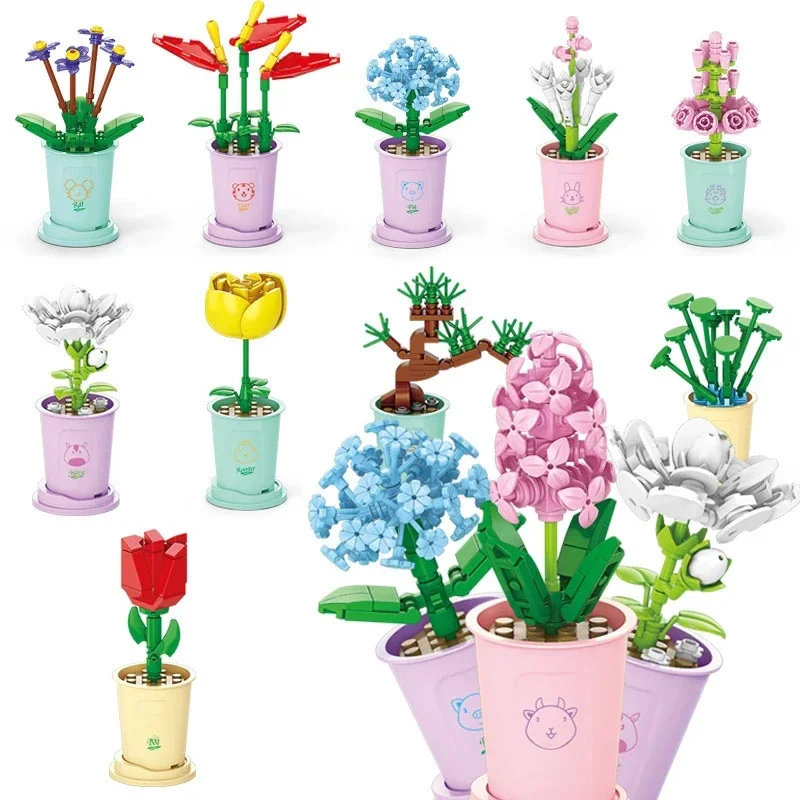 Mini-plantes en pot classiques en briques, art floral créatif en petits blocs de construction, cadeau pour filles, décoration de bureau, jouets à assembler facilement