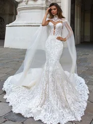 Exquisite Sheer O-neck Mermaid Wedding Dresses Detachable Shawl Sleeves Appliques Button Court Train Trumpet Bridal Gown