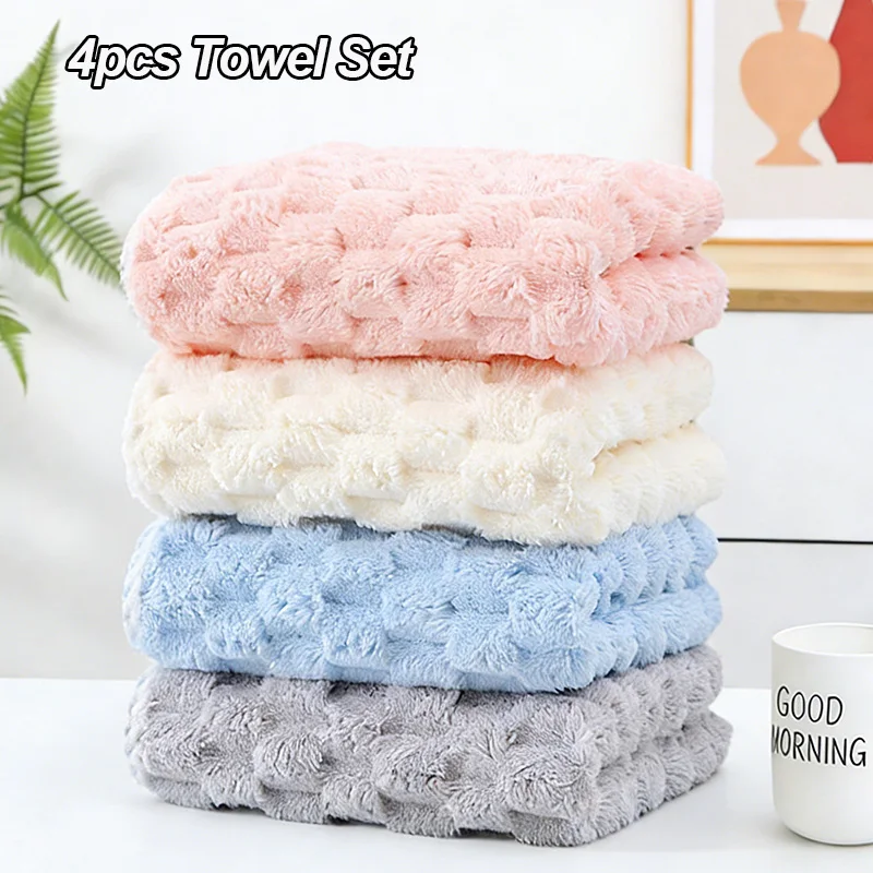 4pcs Coral Fleece Towel Set, Microfiber Soft Absorbent Hand Towel Lightweight Lint-Free Quick-Drying Easy to Hang for Home