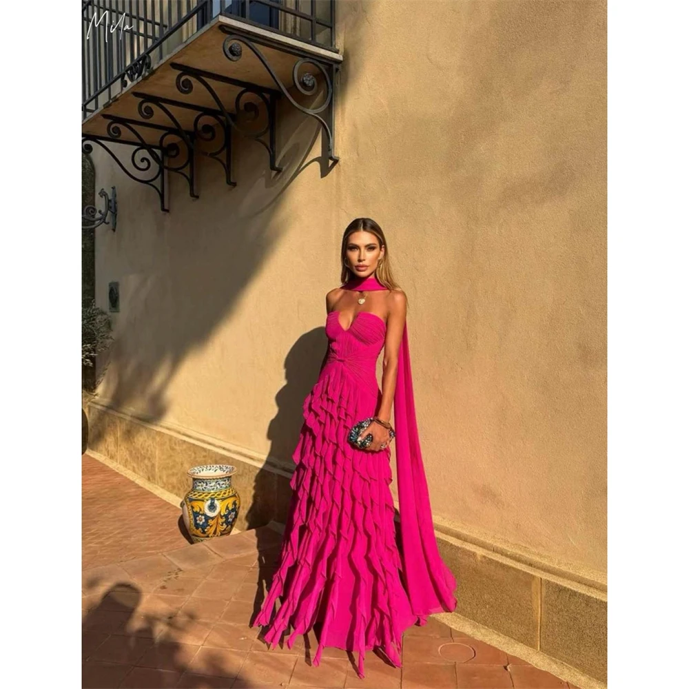 

Mila Customized Magenta A-line Cascading Ruffle With Shawl Prom Dress Sleeveless Vestidos De Noche Floor-Length Formal Evening
