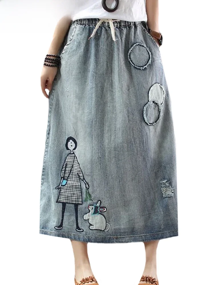 Max lulu 2024 koreanische Mode Streetwear Frauen Sommer klassische Stickerei lose Jeans röcke Damen