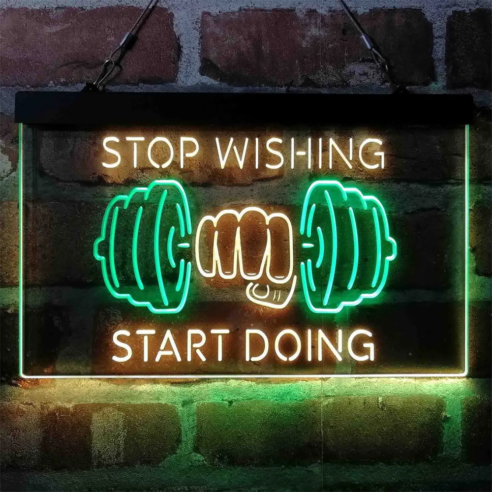 

Custom Dual Color LED Neon Sign Stop Wishing Start Doing Sports Neon Sign Stop Wishing Start Doing Weight Train Fitness Neon