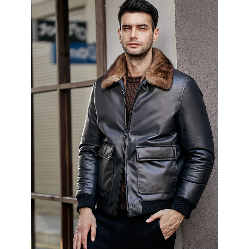 Denny&Dora Mens Mink Fur Jacket Flight Jacket Short Cowhide Coat For Men Lapel Collar Fur Jacket