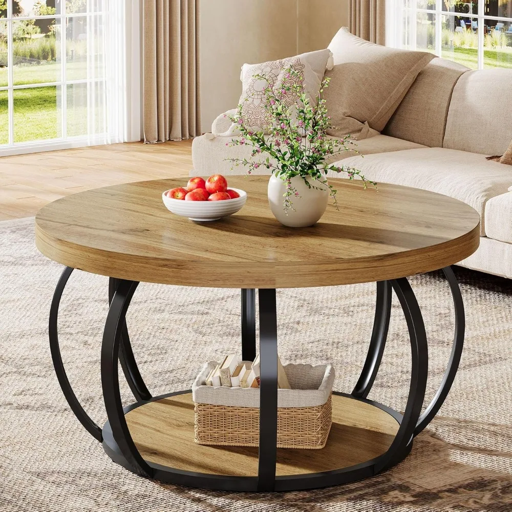 

Round Coffee Table, 31.5" Wooden Circle Accent Center Cocktail Table with Storage Shelf and Metal Frame