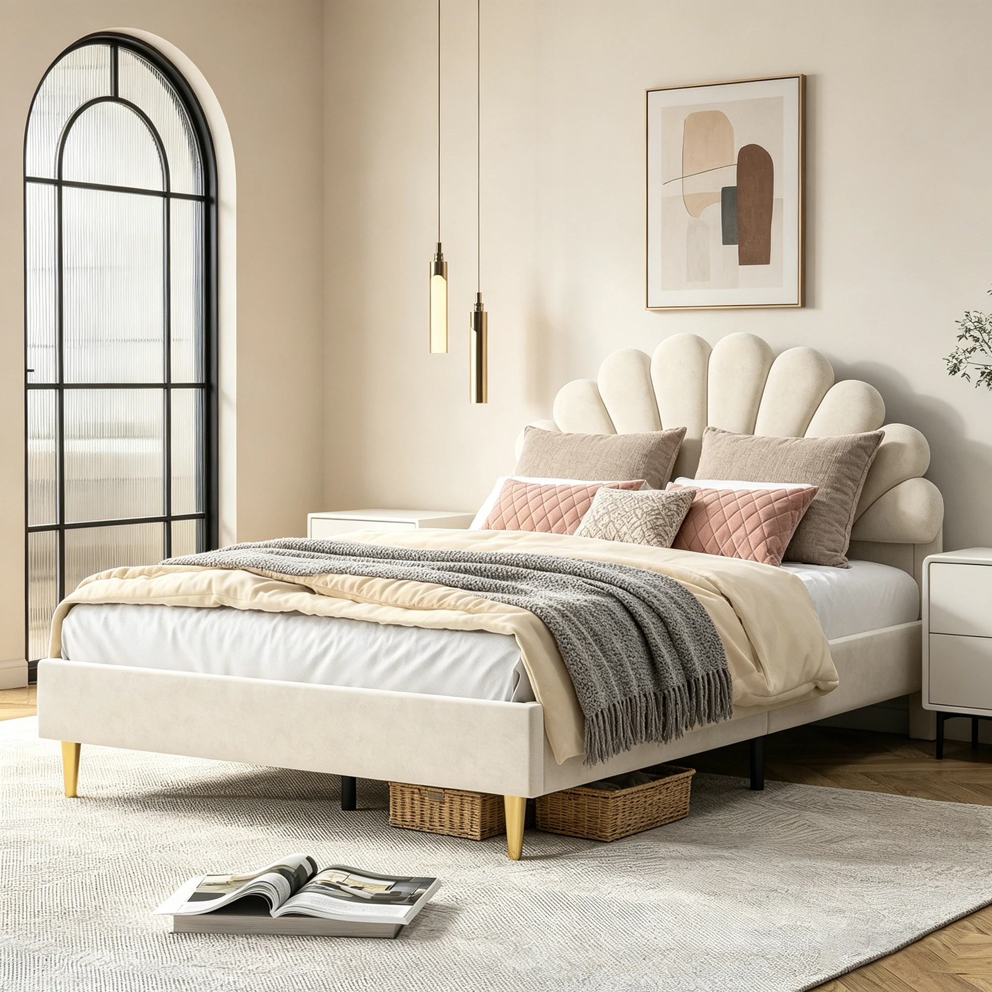 Cama para niños, 140 x 200 cm, marco de cama con cabecera y somier, camas dobles para niñas, tela de terciopelo, sin mateli, beis