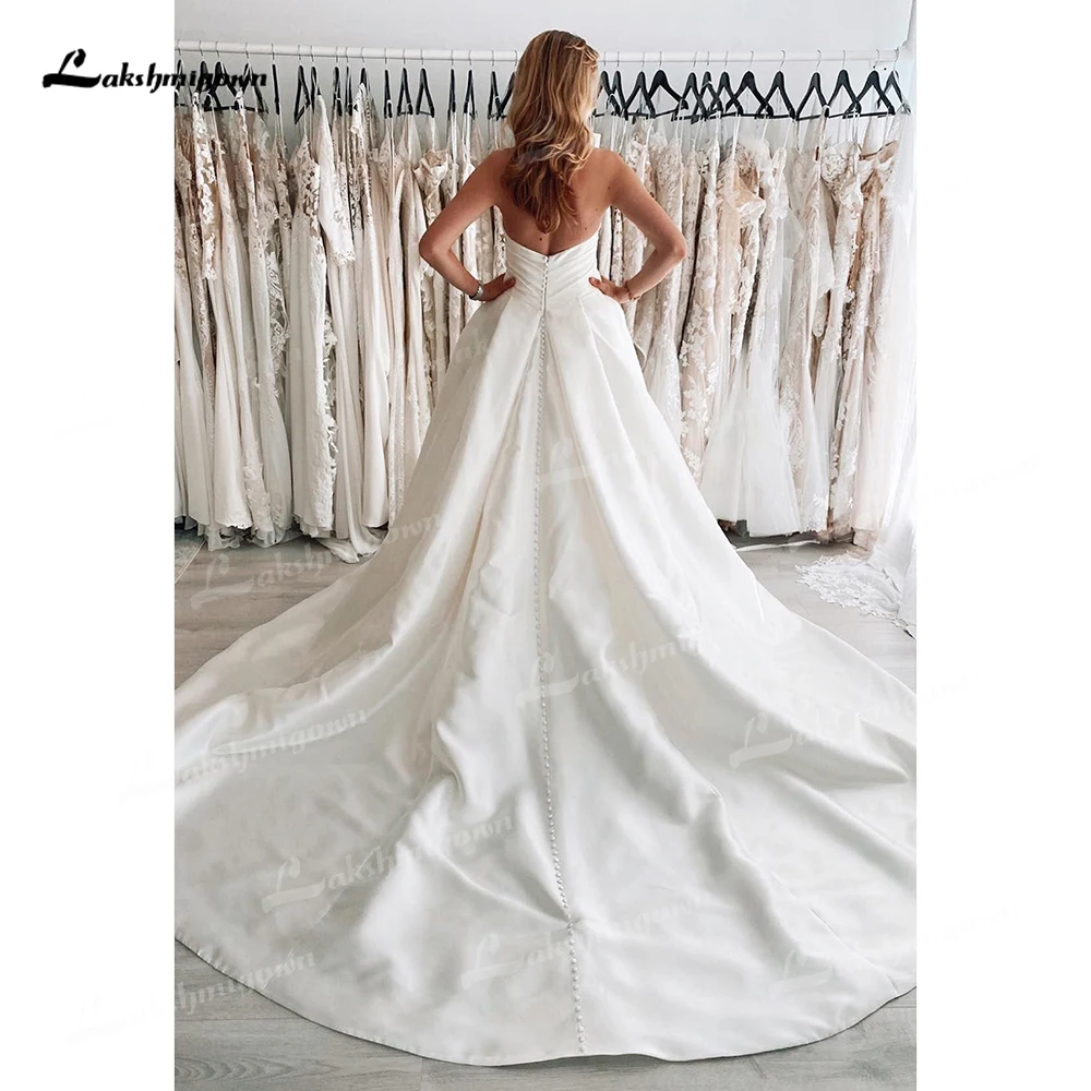 Vestido de novia de satén plisado sin mangas para mujer, traje de novia bohemio con abertura lateral, escote en V, botones en la espalda, línea A, Simple y Sexy