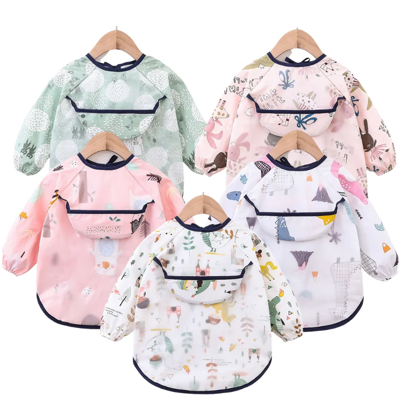 

Baby Bibs Long Sleeve Art Apron Cartoon Waterproof Bib for Children Toddler Eating Accessories Art Smock for Kids Burp Clothes