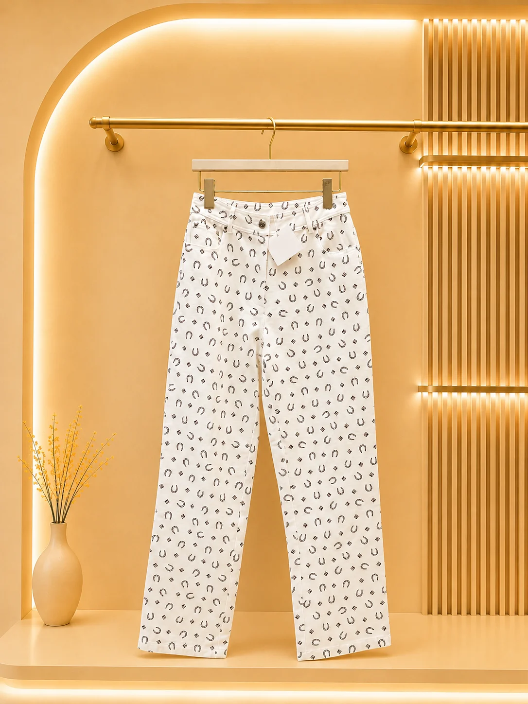 2026 Women Jeans High Waist Straight‑Leg Horseshoe And Diamond All‑Over Print Metal Rivet Pocket Detail Long Denim Pants