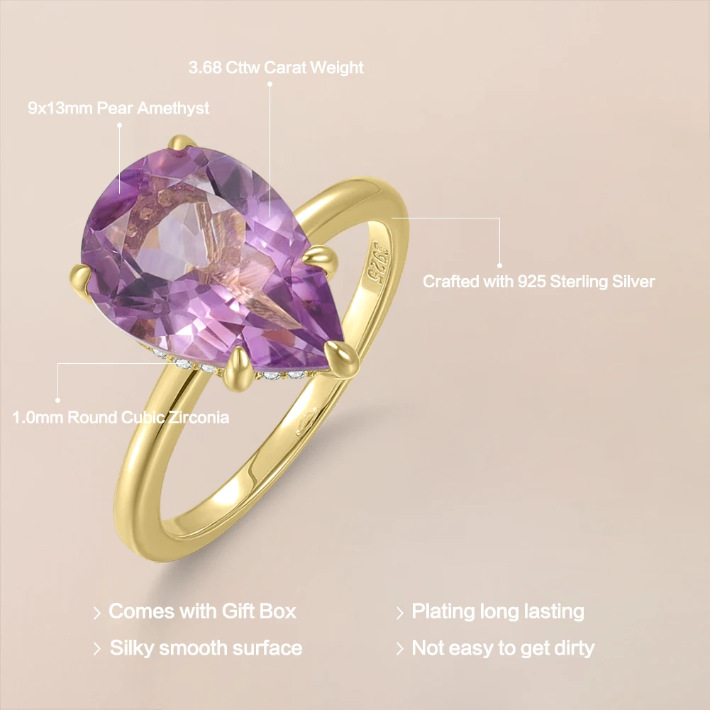GEM'S BALLET 9x13mm 3.68CT Natural Amethyst Birthstone Engagement Ring Solitaire Rings in 925 Sterling Silver Gift For Her