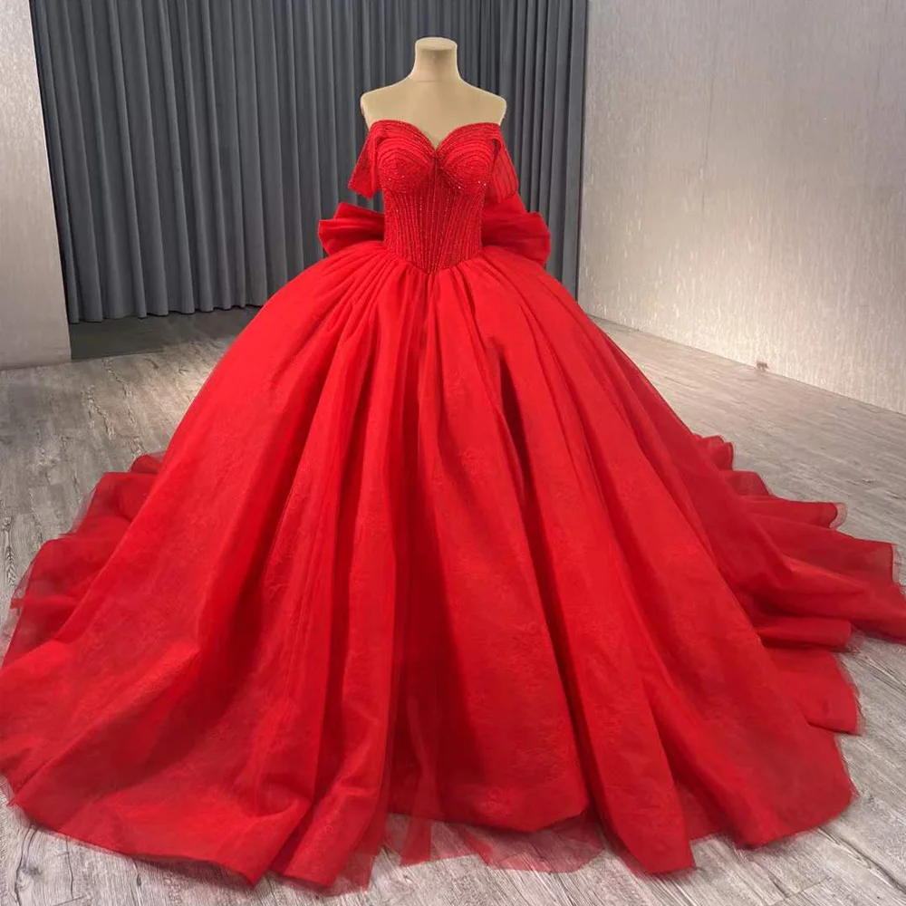Vestidos Para 15 Quinceañera 2027 Luxury Off Shoulder Sweetheart Beading Bow Lace Up Back Red Long Evening Prom Dress