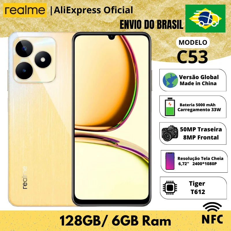 Celular Realme C53 Champion Gold 128GB ROM / 6GB RAM | Envio do Brasil | Smartphone 4G , ROM Global , Processador Tiger T612