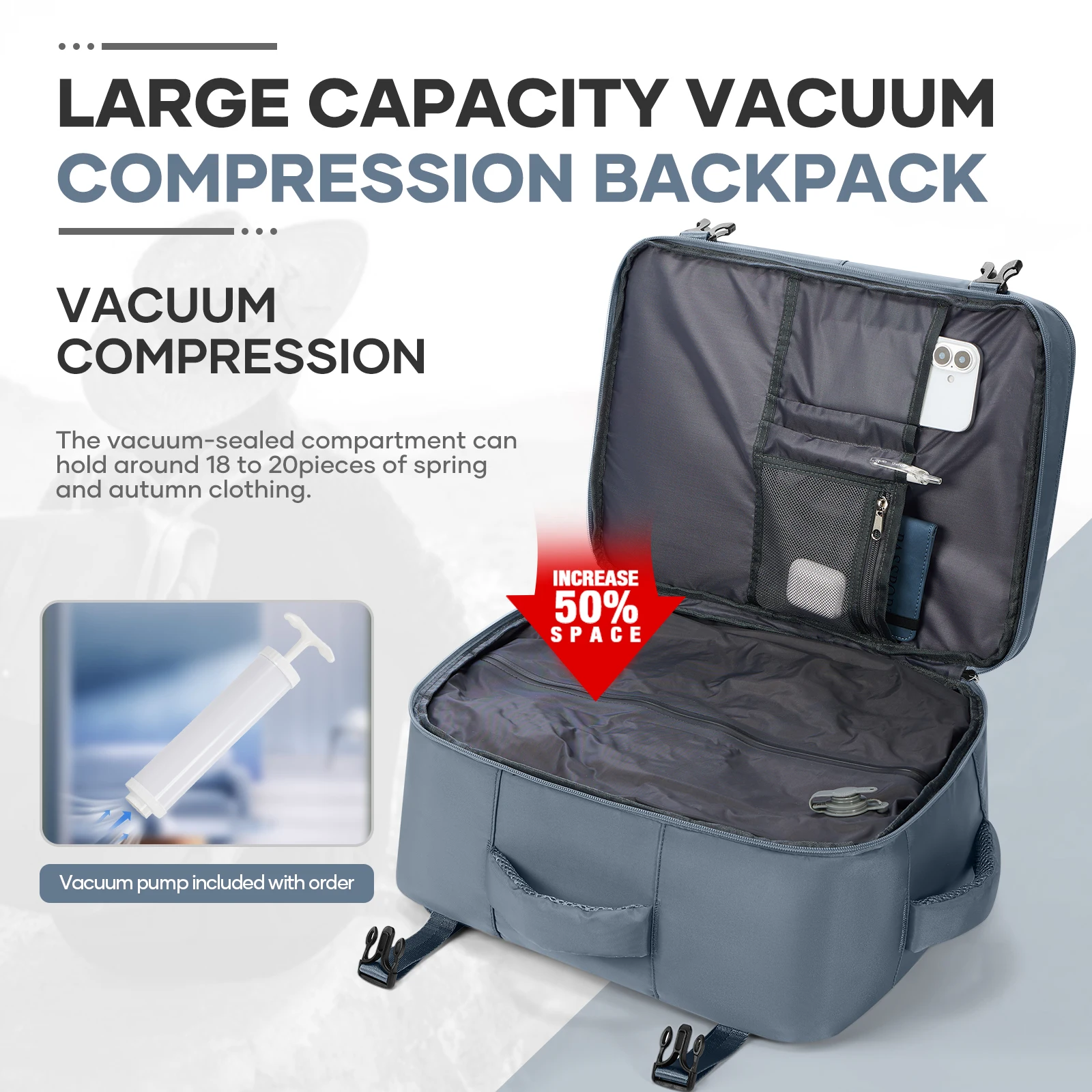 Vacuum Storage Bags Travel Packing，Vacuum Compression Backpack with Manual Pump ,Ryanair Hand Luggage 40x30x20, Airline Tote Bag