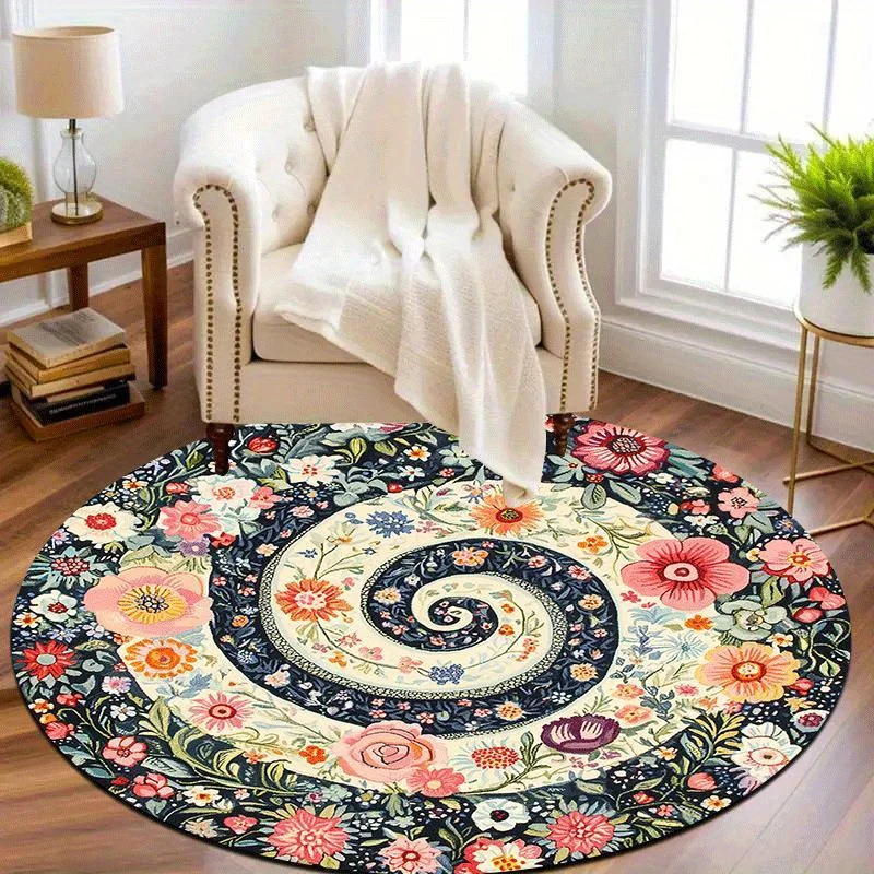 2D Flat 1pc Floral Swirl Round Floor Mat,Home Decoration, Retro Nostalgic Style, Create A Cozy and Artistic Atmosphere, Suitable for Living Room, Bedroom