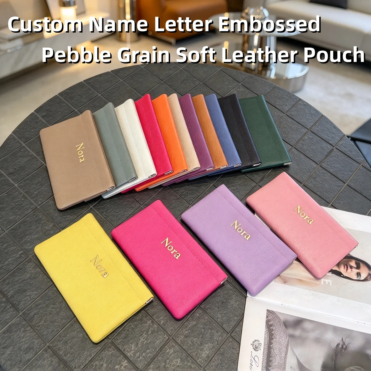 Custom Letters Women's Genuine Leather Ultra‑thin Minimalist Long Wallet With Automatic Closure Cosmetic Lipstick Storage Bag