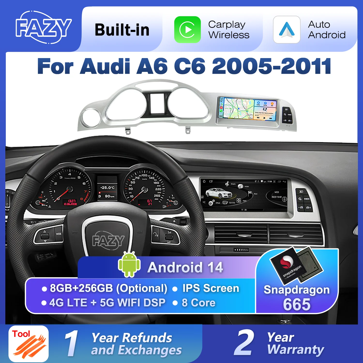 Android 14 Wireless CarPlay Android Auto Radio Screen For Audi A6 C6 4f 2005-2011 MMI 2G 3G GPS Car Multimedia Navigation Stereo