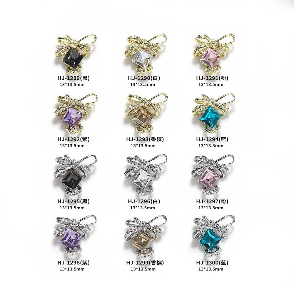 10Pcs Zircon Crystal Nail Art Charms 3D Alloy Light Luxury Bow Square Drill Nail Art Rhinestones Shiny DIY Manicure Accessories