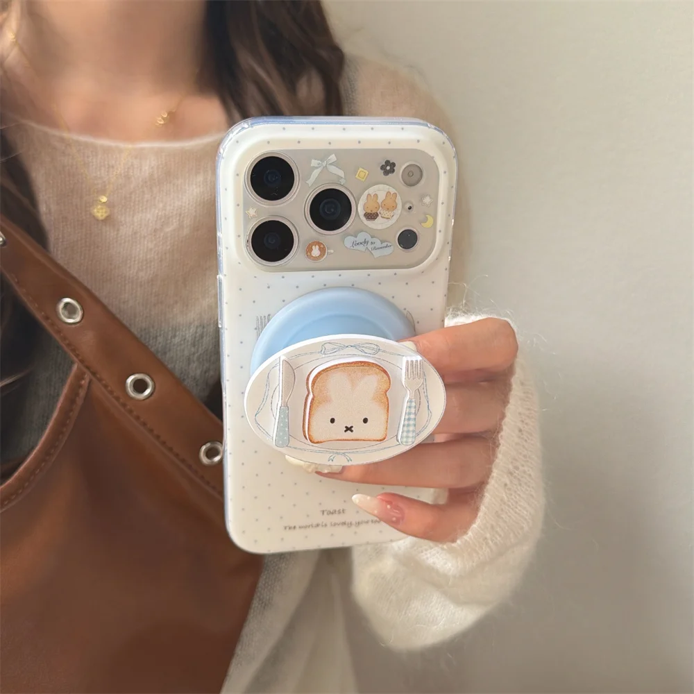 

Ins Polka Dot Bread Miffy Rabbit Magnetic Phone Case for iPhone 15 Pro 14 13 16 17 Pro Max Cover With Magsafe Holder Stand Cases