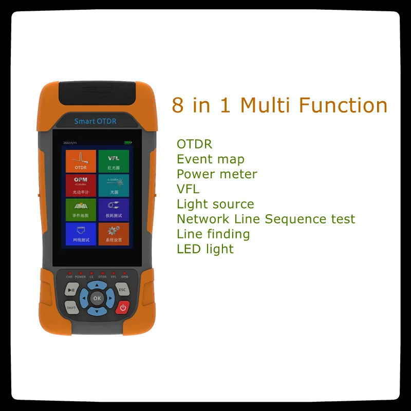 2023 Mini SMART OTDR Touch Screen 8 in 1 1310/1550nm 24/22db Active Fiber Reflectometer Event Map OPM VFL SC APC/UPC Connector