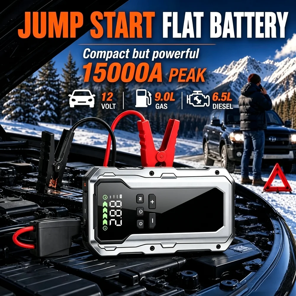 15000A-18000A Peak Jump Starter with Air Compressor, 12V Car Battery Charger, 350 PSI Fast Tire Inflator, All-in-One Emergency Power Bank, LED Flashlight, USB Output, Heavy Duty Jump Starter for Gas & Diesel Cars, SUV, Truck, Roadside Rescue Kit.