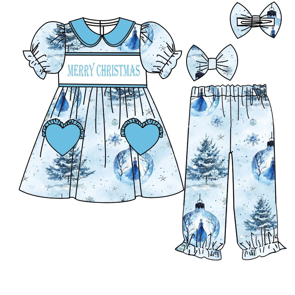 Merry Christmas Kids Pajamas Soldier Snow Tree Print Girls Pajama Set Heart Pockets with Bowknot Boutique Children's Pajamas