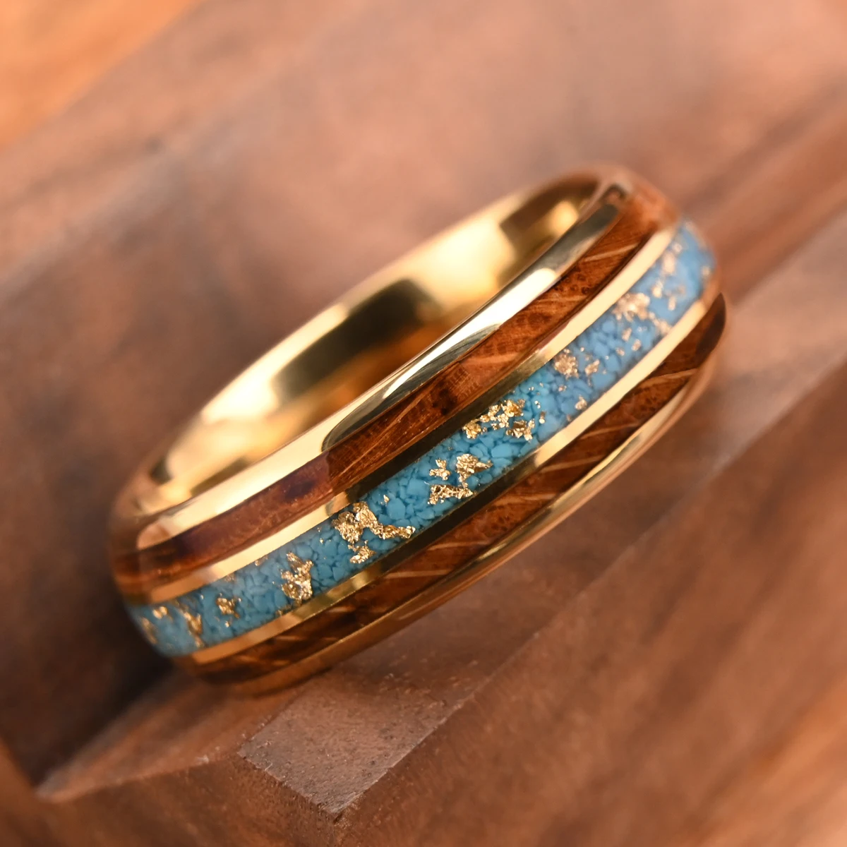 8mm Gold Color Tungsten Carbide Ring Men's Wedding Bands, Inlaid Gold Foil & Wood, Fashion Jewelry, Engagement & Wedding Rings