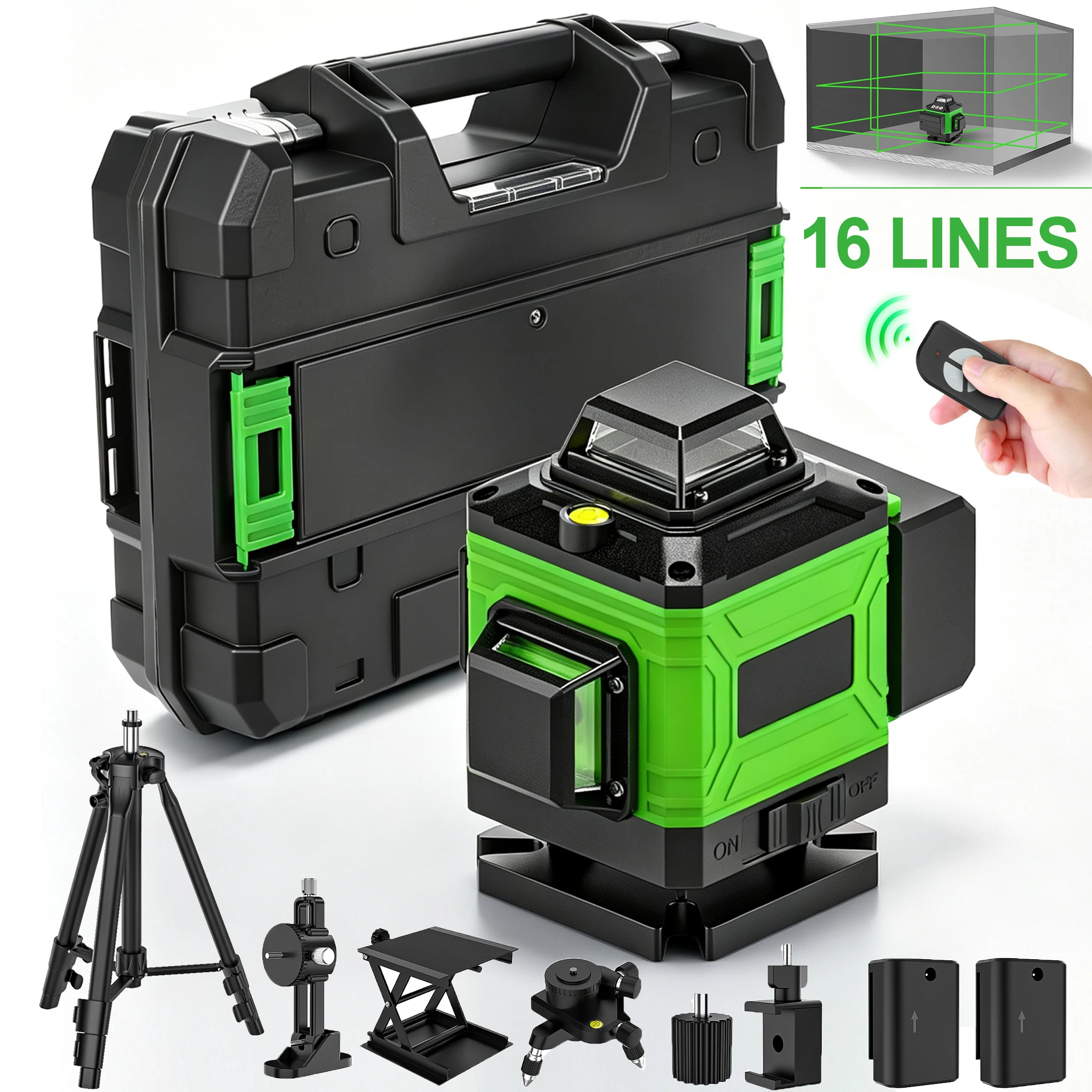 Poziomica laserowa 4D z 16 liniami, 3 poziomy ° Narzędzie do poziomowania z funkcją samopoziomowania, wszechkierunkowa naklejka do oznaczania linii na podłogę/ścianę ze statywem.