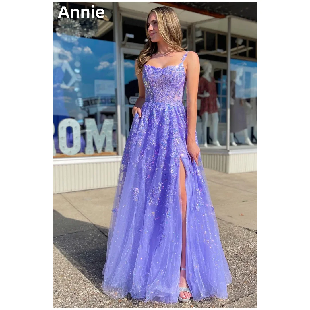 

Annie Glitter Embroidery Prom Dresses Tulle Lavender Purple Evening Dresses A-line Lady Party Dresses فساتين سهرة