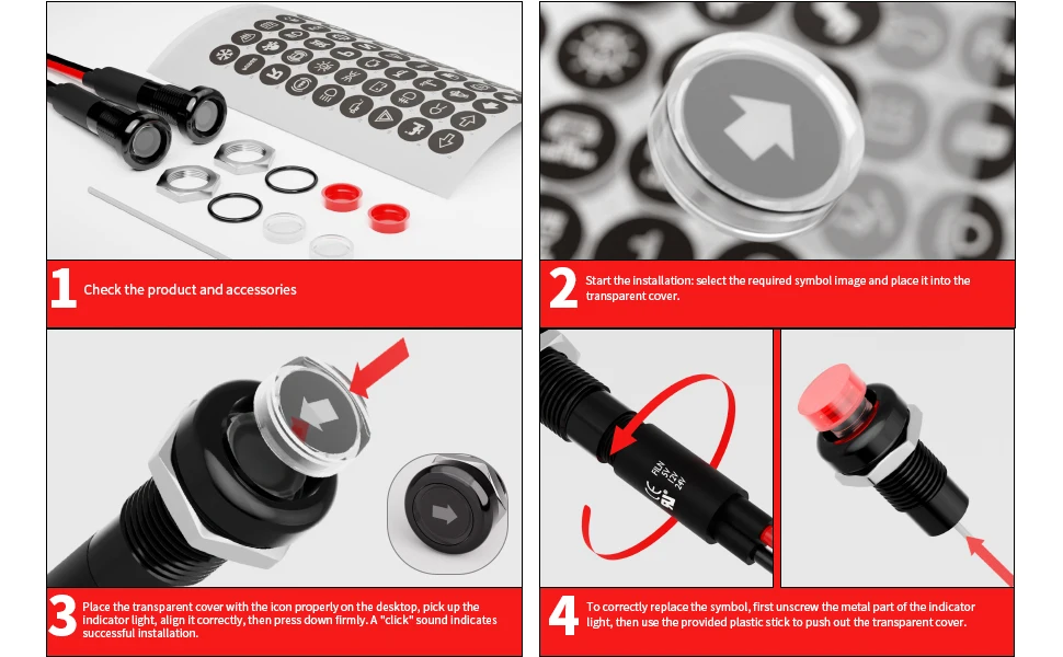 FILN 8mm Symbol-LED-Anzeigeleuchte 12V 24V Schwarze Metall-Anzeigeleuchte mit Kabel für Auto-Armaturenbrett und Maschinen – Detail 12