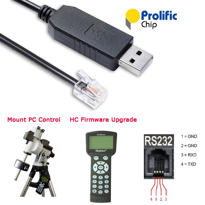 Prolific USB RS232 Serial to RJ9 4P4C for iOptron IEQ30 IEQ30 Pro Hand Controller to Computer Control and Firmware Upgrade