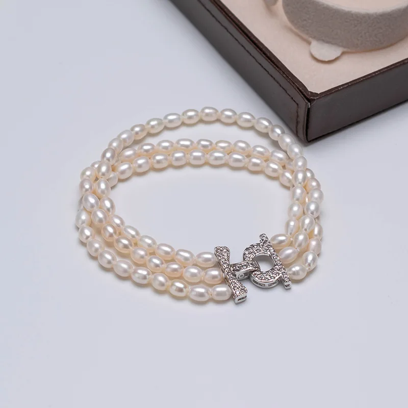 Three Strands 5-6mm South Sea Rice Pearl Bracelet 7.5-8in Pretty Nice Gifts Please see more pictures