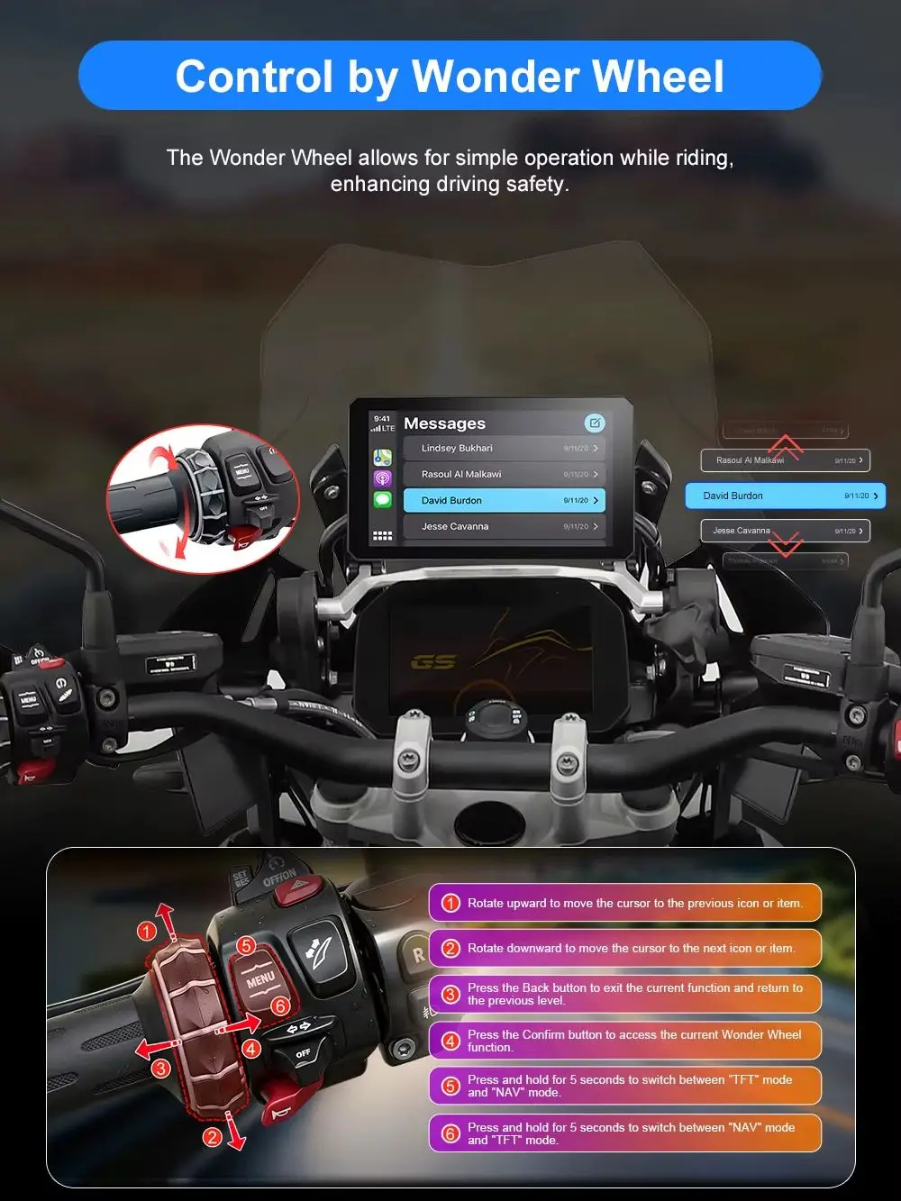 7 Zoll Motorrad Navi Wireless CarPlay Kabelloses Android Auto, Wasserdicht IP67 Tragbarer Motorrad Bildschirm, Bluetooth GPS Navigation IPS Touchscreen für Motorrad