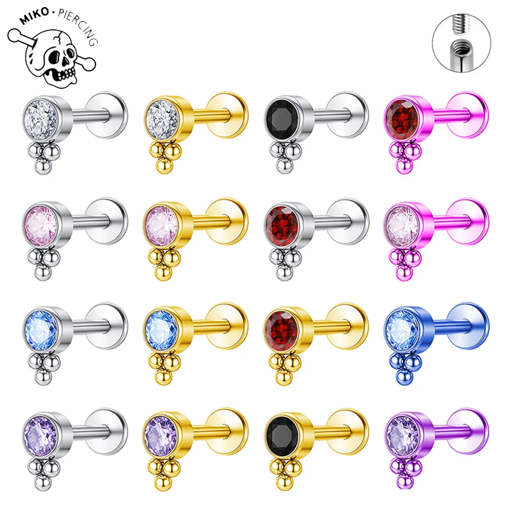 F136 Titanium 16G Piercing CZ Anodizing Internal Thread Labret Stud Earring Helix Cartilage Tragus Conch Piercing Body Jewelry