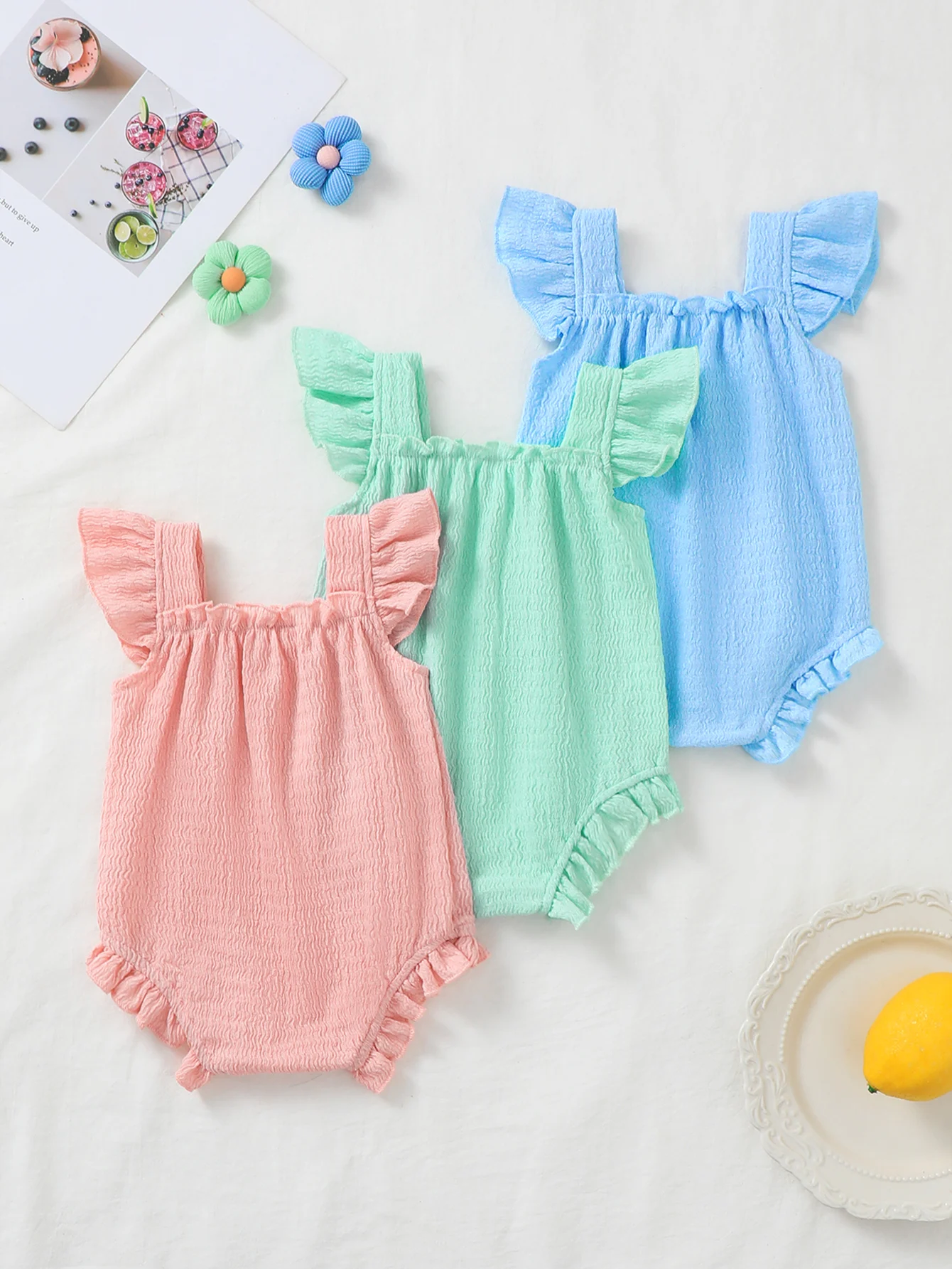 3pcs Baby Girl Pure Color Floral Embroidery Ruffle Hem Square Collar Triangle Romper Set Casual Comfortable Cute for Summer