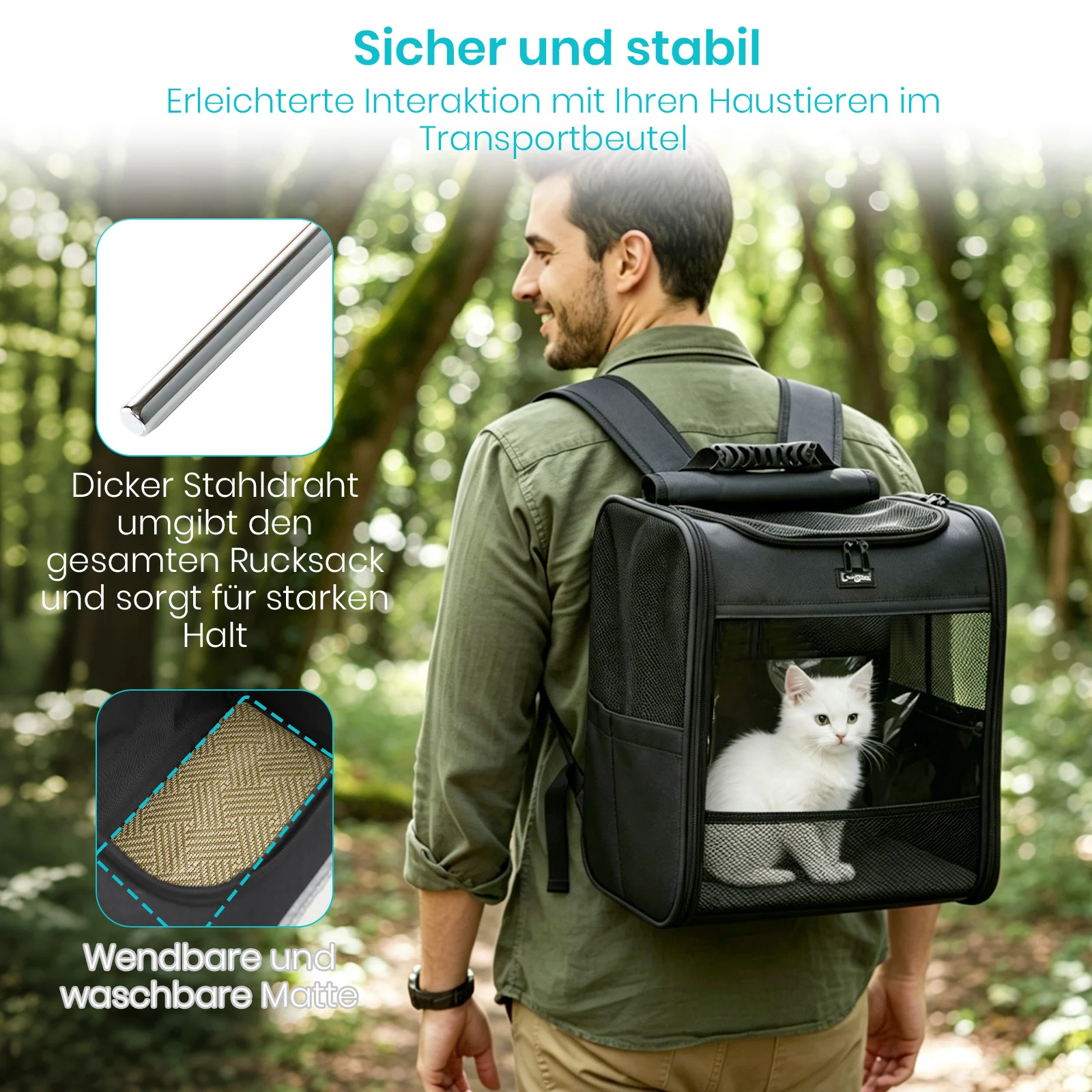 Dogat Faltbarer Haustierrucksack aus Oxford-Polyester, atmungsaktive Katzenrucksack mit transparentem PVC-Fenster, bis 7 kg belastbar, 3 Eingänge, faltbarer Transportrucksack für kleine und mittlere