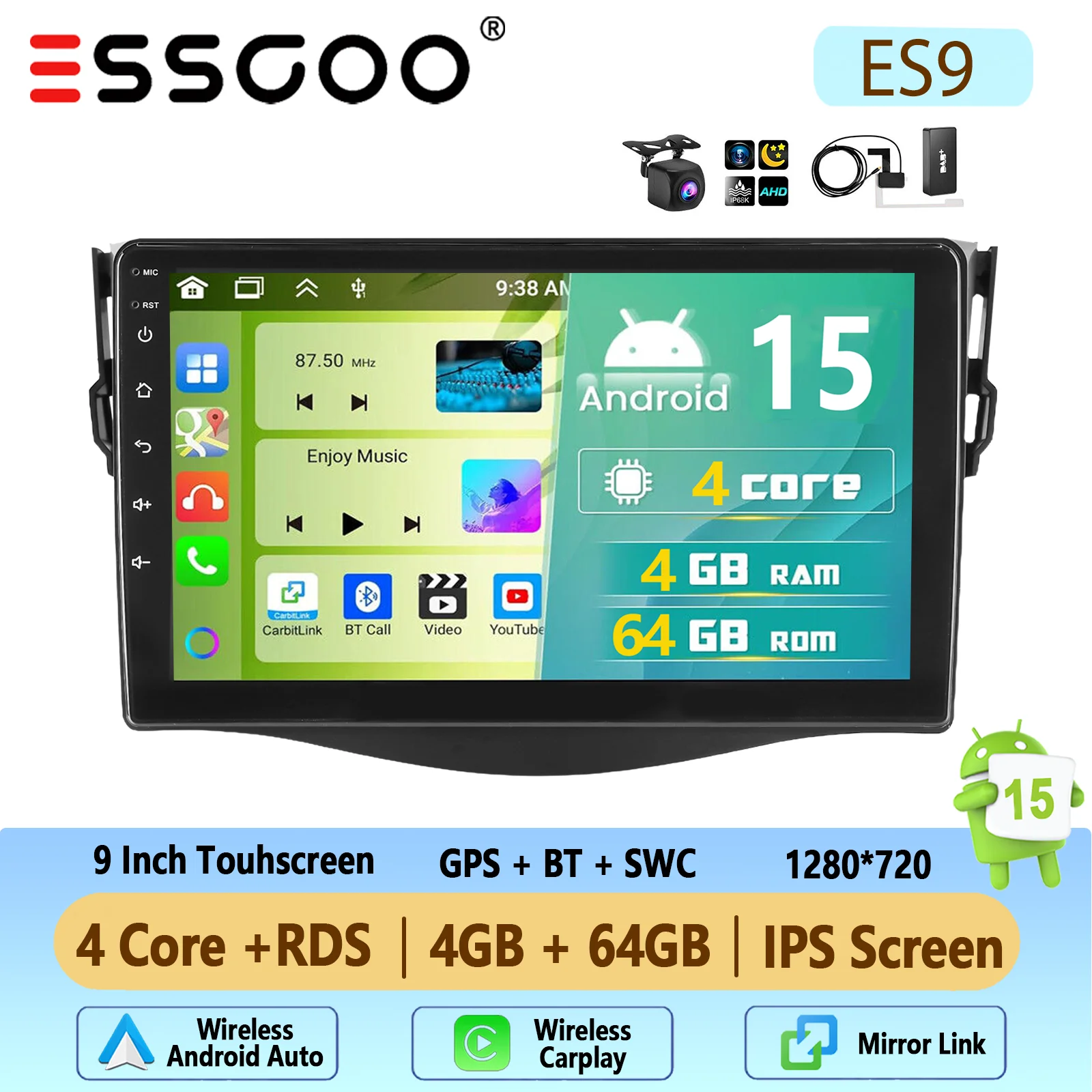Autoradio ESSGOO Android 15 9 Inch 4+64G voor Toyota RAV4 2007-2012 Draadloze CarPlay Android Auto GPS Navigatie FM WiFi Bluetooth RDS Stuurwielbediening Mirror Link Touchscreen Hoofdeenheid