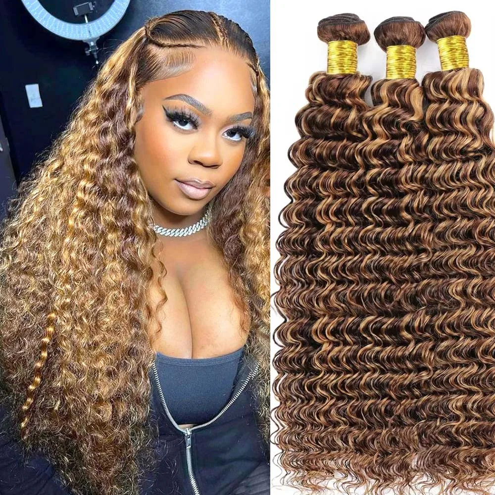 

10A P4/27 Пучки человеческих волос с глубокими волнами 32-дюймовые мелированные темно-коричневые и медовые блондинки с глубокими волнами Пучок волос для женщин