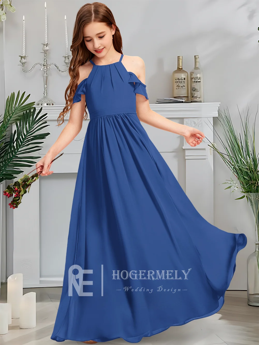 Детское платье подружки невесты с лямкой на шее, детское платье с цветочным узором в виде розы для девочек, шифоновое платье длиной до пола с каскадными оборками на свадьбу