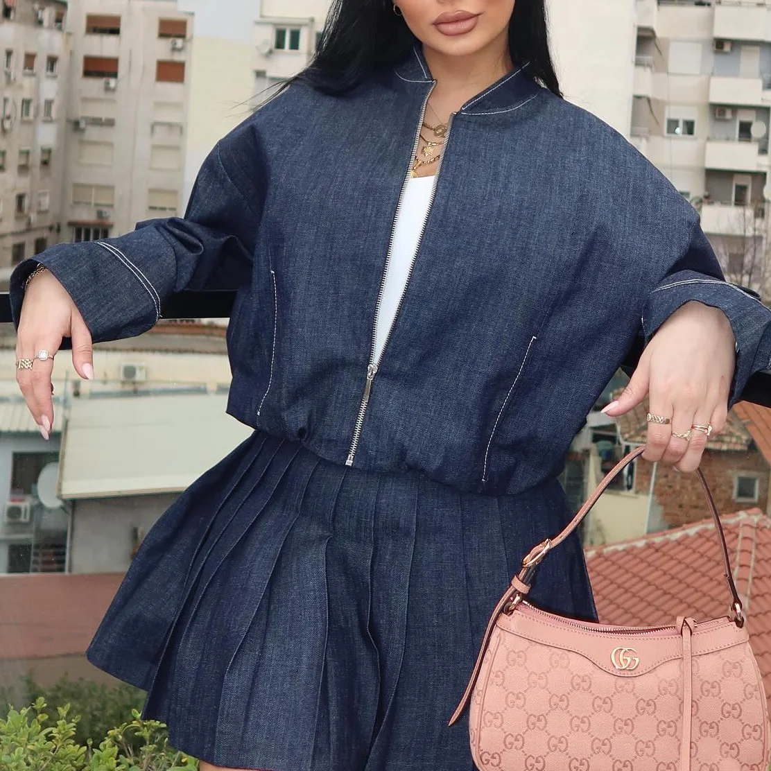 Vintage Blue Denim Set Women Stitching Zipper Jacket Sweats and A Line Pleated Skirt Two Piece Suit Outfits Streetwear Robe